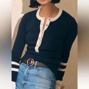 EUC FAHERTY Cashmere Cotton Mikki Henley Ribbed Long Sleeve Navy Coastal